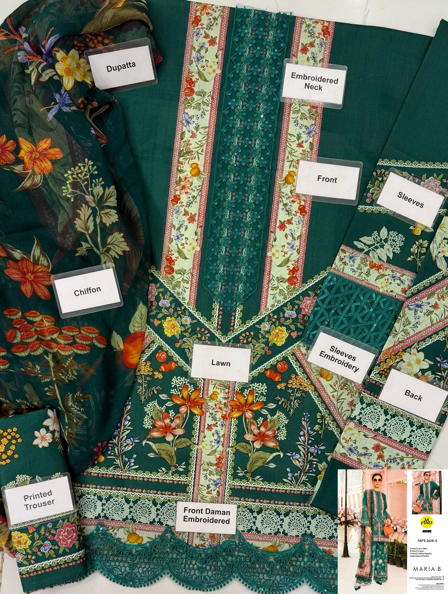 MARIA B Lawn Dress with Embroidered Patches and Chiffon Dupatta