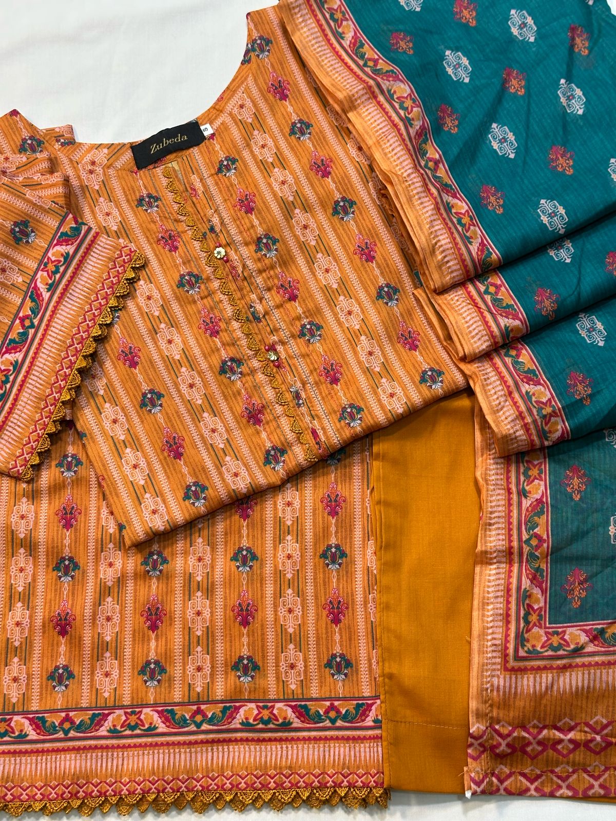PREMIUM PRINTED LAWN WITH PLAIN DYED PANTS 3 PIECE STITCHED