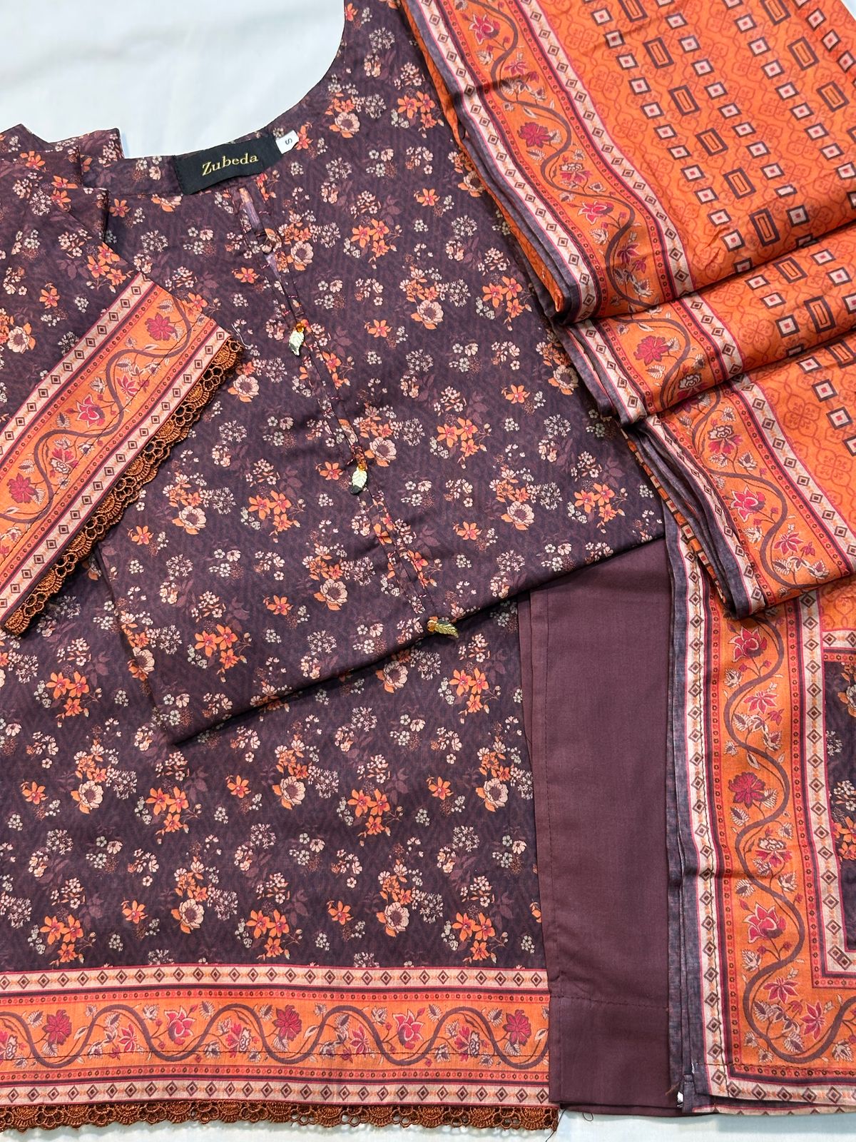 PREMIUM PRINTED LAWN WITH PLAIN DYED PANTS 3 PIECE STITCHED